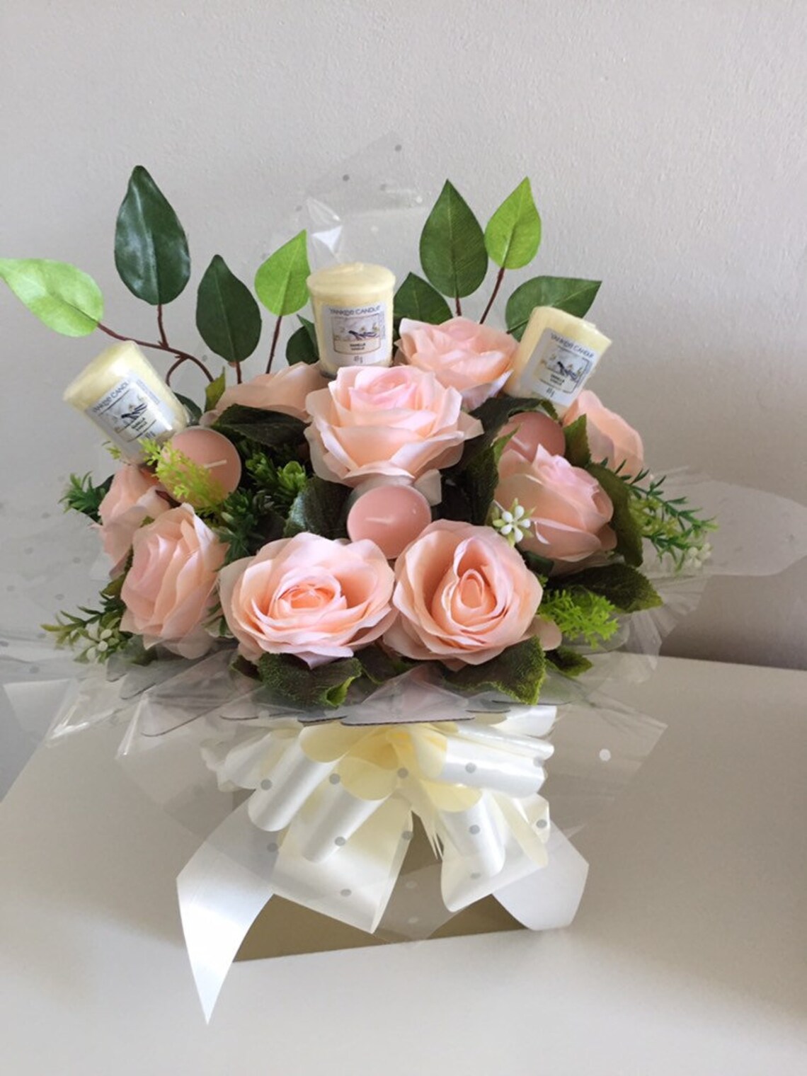 Handmade Yankee Candle Peach Rose Flower Bouquet Gift Etsy