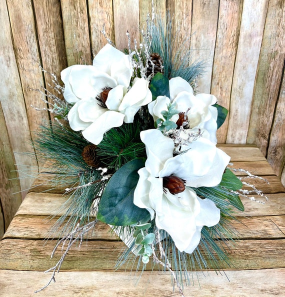 Winter Floral Arrangement, Winter Centerpiece, Magnolia