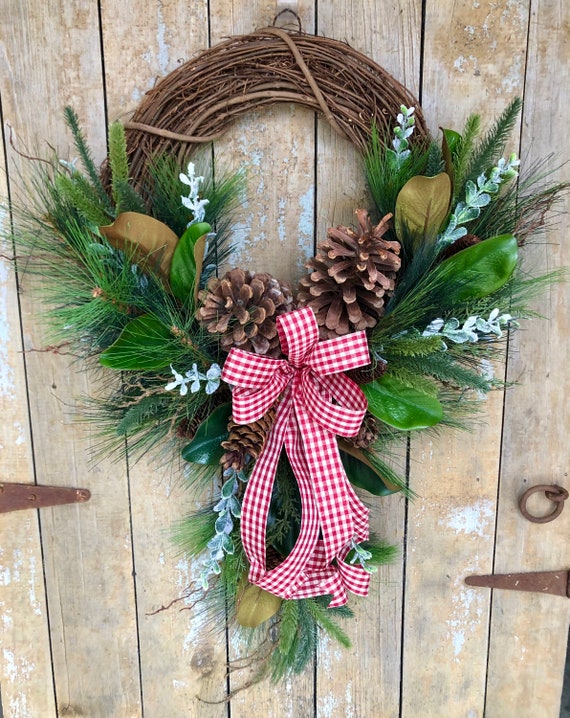 Rustic Winter Wreath for Front Door Wreath With Bow Woodland Decor