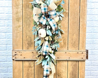 Neutral Fall Swag Wreath for Front Door with Pumpkin, Fall Door Decor, Autumn Wreath, Autumn Home Accent, Fall Wreath, Blue Fall Decor