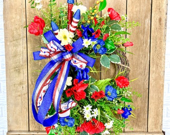 Patriotic Wreath for Front Door with Flowers, Red White and Blue Décor, Patriotic Door Hanger, Independence Day, 4th of July, Memorial Day