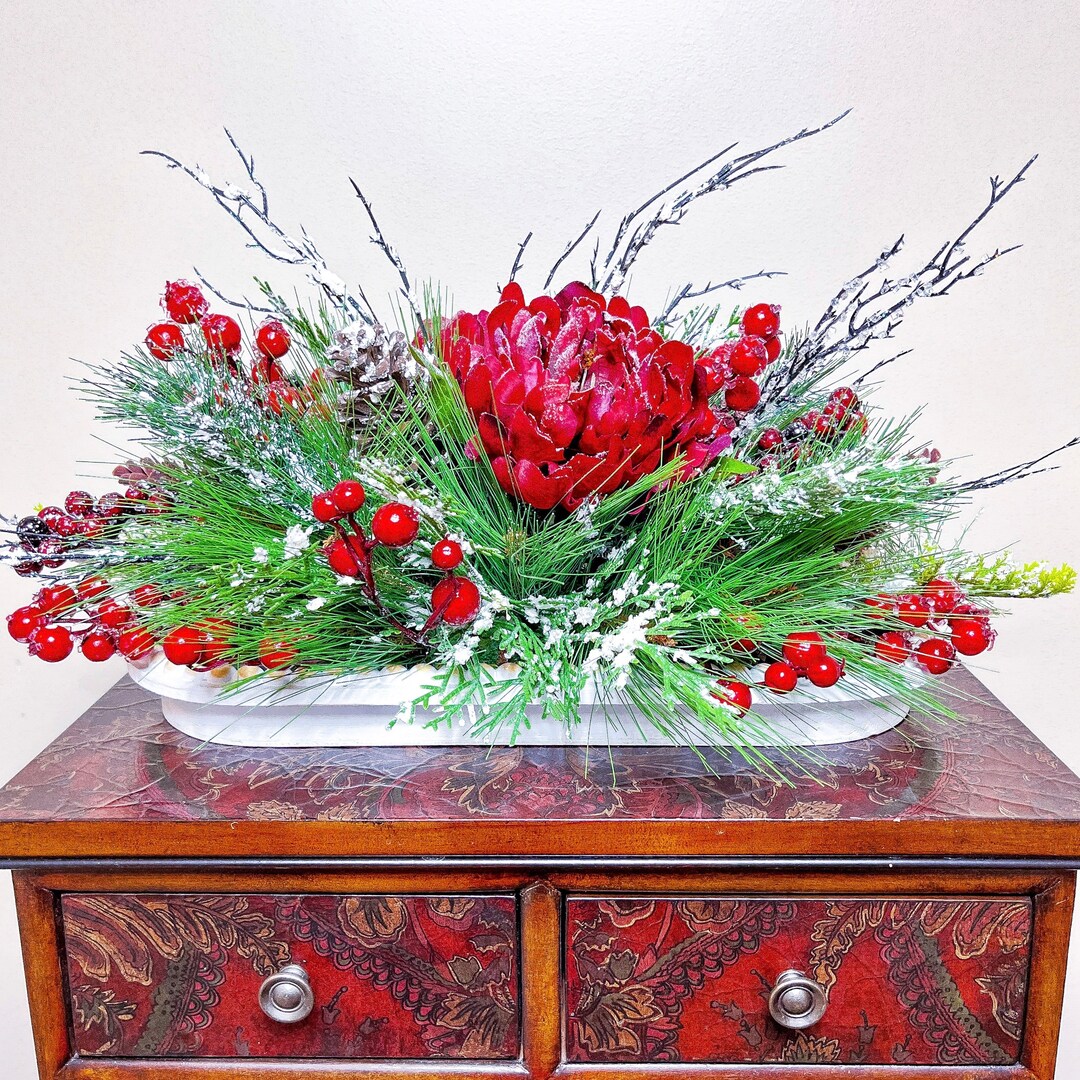 Christmas Centerpiece for Table Red Holiday Table Decoration Mantle Décor Farmhouse Floral