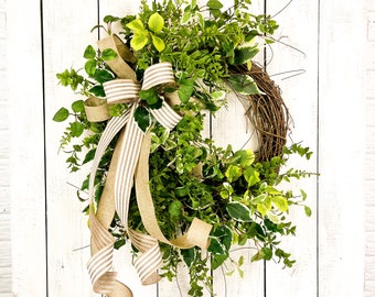 Everyday Greenery Wreath for Front Door with Bow, Year Round Door Decor, Farmhouse Greenery Decoration, All Season Door Wreath