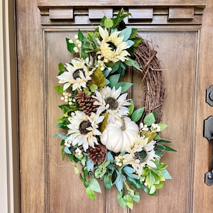 Fall Sunflower Wreath White Fall Decoration Fall Farmhouse Decor White Sunflower Wreath for Front Door Wreath Autumn Pumpkin Harvest Decor