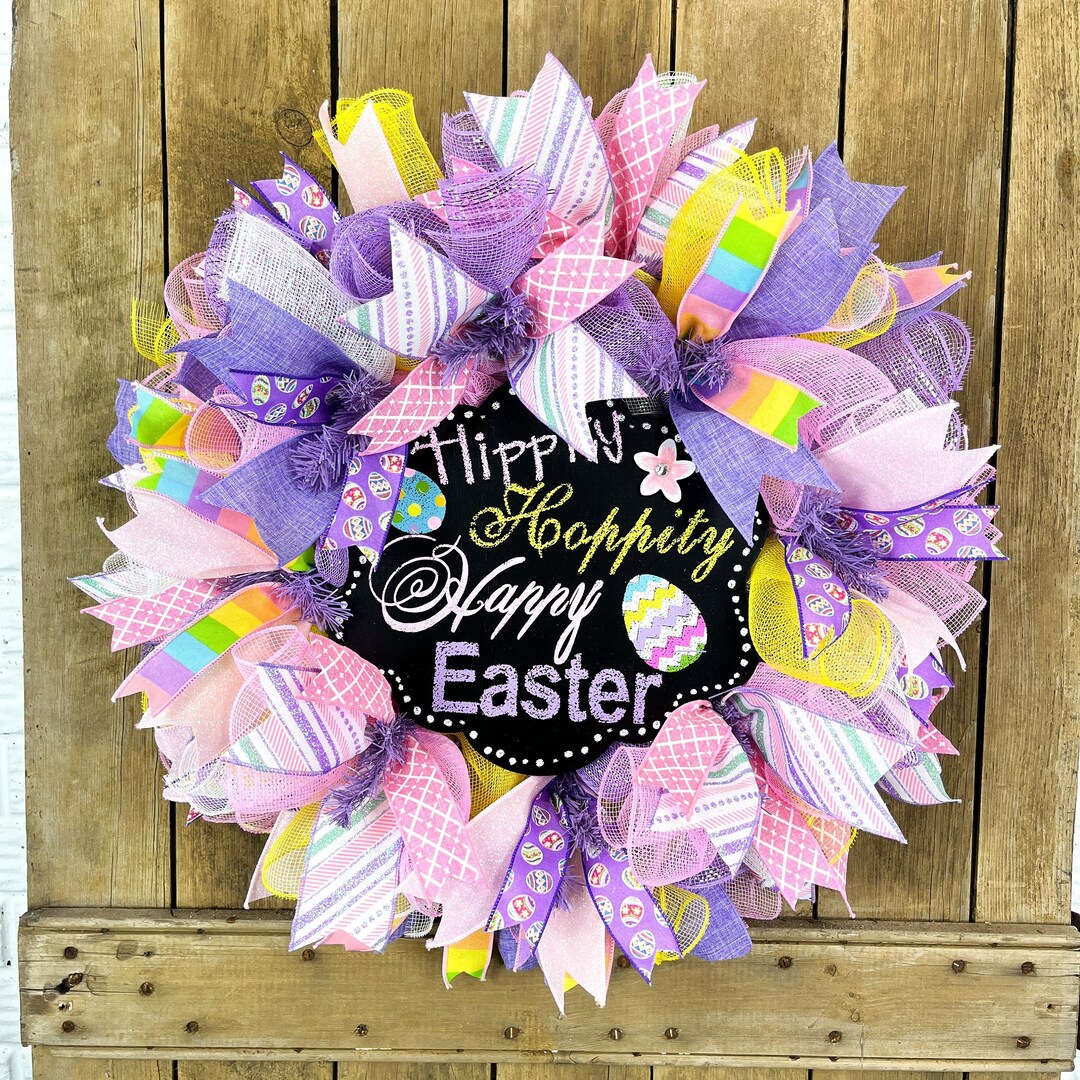 Pastel Easter Wreath for Front Door With Sign Happy Easter Etsy