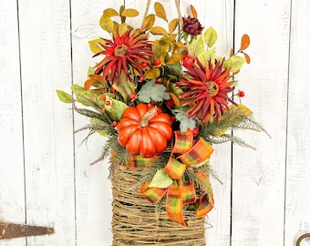 Fall Basket Wreath with Pumpkin, Burgundy Autumn Decoration, Apartment Door Decor Fall, Wall Hanging for Autumn