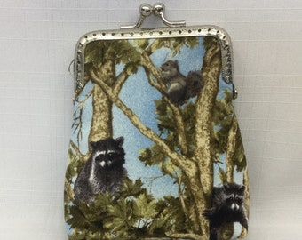 Raccoon & Squirrel Design Change Purse/Fabric Coin Pouch/Mini Cosmetics Bag/Purse Organizer/Silver Frame with Ball Clasp