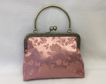 Rose Pink Satin Brocade Evening Bag, Antique Gold Frame