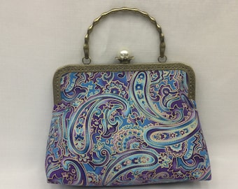 Paisley Handbag/Purple & Blue Purse/Antique Gold Frame with Decorator Pearl Clasp/Nostalgic Fabric Bag