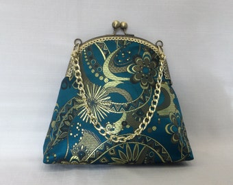 Silky Chinese Brocade Evening Bag/Dressy Metallic Gold & Peacock Blue Handbag/Elegant Fabric Purse/Metal Frame with Top Handle Chain