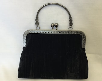 Pleated Velvet Evening Bag/Dressy All Black Handbag/Antique Style Bag/Top Handled Purse/Fabric Purse/Black Frame with Ball Clasp