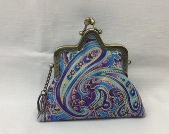 Paisley portemonnee organisator/mini cosmetica tas/paars, blauw & goud portemonnee/stof zakje met sleutelhanger/decoratieve portemonnee frame