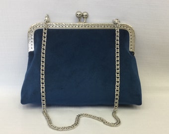 Velvet Evening Bag/Dressy Navy Blue Handbag/Elegant Fabric Purse/Purse Frame with Chain Handle