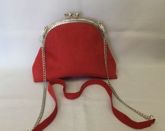 Basic Red Clutch/Faux Suede Evening Bag/Fabric Makeup Bag/Dressy Shoulder Bag/Evening Clutch with Chain/Purse Frame and Heart Clasp