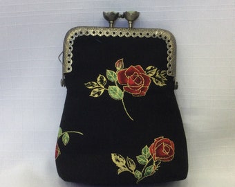 Gold Trimmed Roses Change Purse/Coin Pouch/Mini Cosmetics Bag/Black and Red Makeup Pouch/Purse Organizer/Purse Frame  with Flower Clasp/