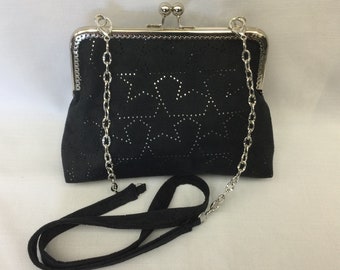 Sparkling Stars & Hearts Purse/Black Faux Suede Handbag/Dressy Cross Body Purse/Evening Shoulder Bag/Fabric Purse/Silver Purse Frame