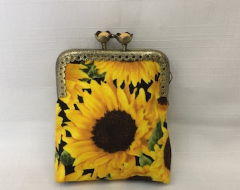 Sunflower Change Purse/Mini Cosmetics Bag/Lipstick Pouch/Key Pouch/Purse Organizer/Credit Card Case/Purse Frame with Flower Clasp