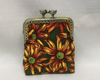 Sunflower Change Purse/Orange & Green Coin Pouch/Mini Cosmetics Bag/Key Pouch/Lipstick Holder/Gold Filigree Purse Frame with Flower Clasp