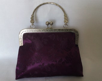 Satin Brocade Evening Bag/Dressy Plum (Purple) Handbag/Antique Style Handbag/Fabric Purse/Silver Frame with Ball Clasp