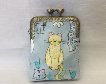 Cat's Pajamas Change Purse 1/Kitty Coin Pouch/Mini Cosmetics Bag/Blue Makeup Pouch/Purse Organizer/Purse Frame with Flower Clasp