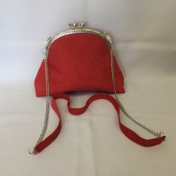 Basic Red Clutch/Faux Suede Evening Bag/Fabric Makeup Bag/Dressy Shoulder Bag/Evening Clutch with Chain/Purse Frame and Heart Clasp