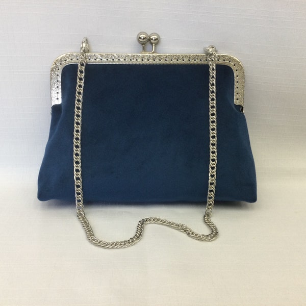 Velvet Evening Bag/Dressy Navy Blue Handbag/Elegant Fabric Purse/Purse Frame with Chain Handle