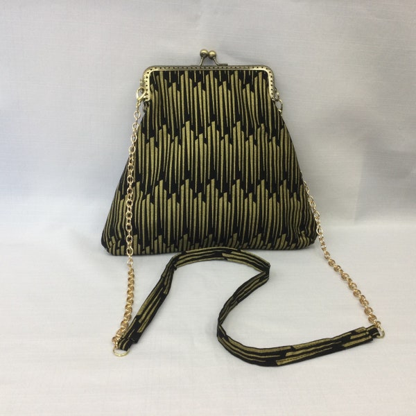 Flat Evening Shoulder Bag/Dressy Cross Body Purse/Metallic Golden Bar Fabric Purse/Purse Frame with Chain Strap