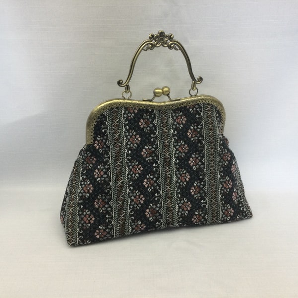 Bolso de tapiz nostálgico / bolso floral de noche / bolso con asa superior / bolso de estilo antiguo / bolso de tela / marco plateado con asa y cierre de bola