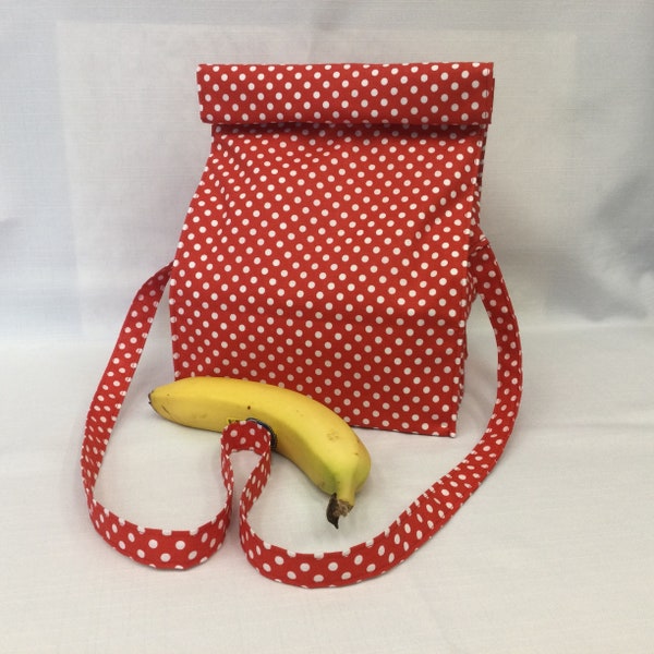 Grand sac à lunch avec bandoulière amovible / sac cadeau rouge et blanc / sac de pique-nique en tissu / sac de rangement à pois