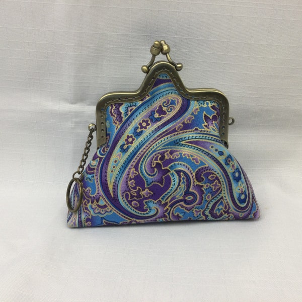 Paisley Purse Organizer/Mini Cosmetics Bag/Purple, Blue & Gold Change Purse/Fabric Pouch with Key Ring/Decorative Purse Frame