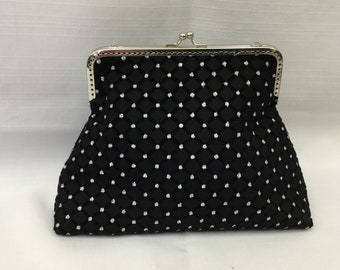 Velvet  Net and Sparkles Clutch/Basic Black and Silver Evening Bag/Large Makeup Bag/Purse with Frame and Ball Clasp/Fabric Clutch
