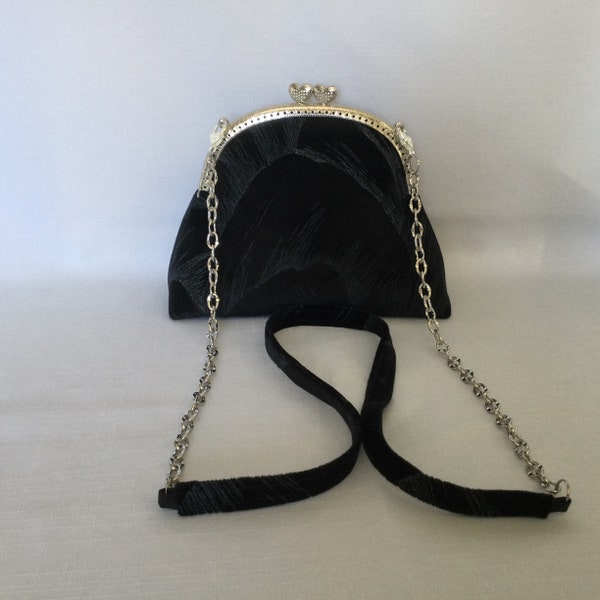 Feather Design Purse/Black Velour Handbag/Dressy Bag/Evening Handbag/Fabric Purse/Silver Purse Frame with Heart Clasp