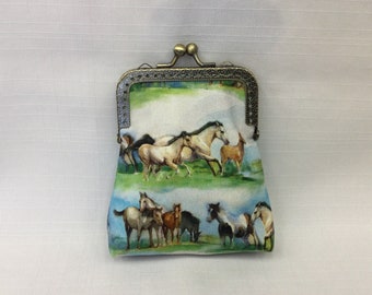 Wild Horses Design Change Purse/Fabric Coin Pouch/Mini Cosmetics Bag/Lipstick Pouch/Purse Organizer/Gold Frame with Ball Clasp