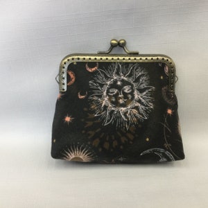 Celestial Design Change Purse/Sun Moon & Stars Coin Pouch/Mini Cosmetics Bag/Fabric Purse Organizer/Credit Card Case/Purse Frame with Clasp