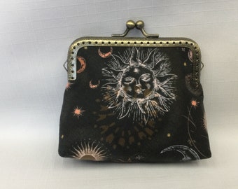 Celestial Design Change Purse/Sun Moon & Stars Coin Pouch/Mini Cosmetics Bag/Fabric Purse Organizer/Credit Card Case/Purse Frame with Clasp