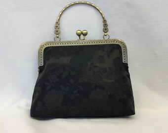 Satin Brocade Evening Bag/Dressy Black Handbag/Antique Style Handbag/Fabric Purse/Gold Frame with Ball Clasp