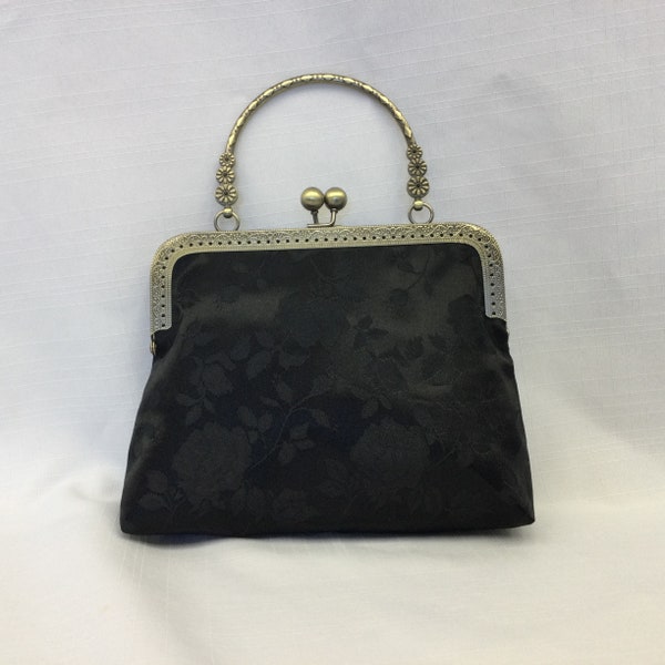 Satin Brocade Evening Bag/Dressy Black Handbag/Antique Style Handbag/Fabric Purse/Gold Frame with Ball Clasp