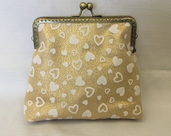Loving Metallic and Velvet Clutch/Gold & White Heart Evening Bag/Purse with Metal Frame and Ball Clasp/Fabric Clutch