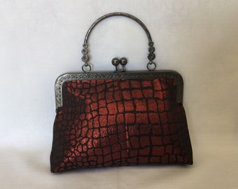 Bolso de noche cojo/bolso rojo y negro elegante/bolso de estilo antiguo/bolso con mango superior brillante/monedero de tela/marco gunmetal con cierre de bola