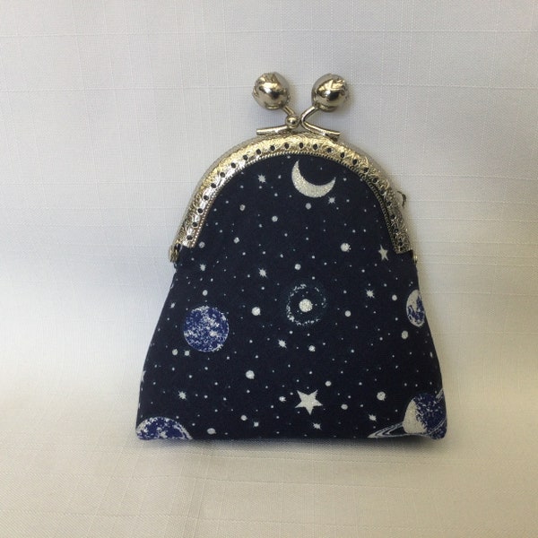 Galaxy Design Change Purse/Planets Coin Pouch/Mini Cosmetics Bag/Navy Blue Makeup Pouch/Purse Organizer/Purse Frame with Rosebud Clasp