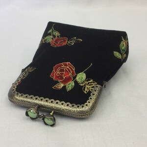 Gold Trimmed Roses Change Purse/Coin Pouch/Mini Cosmetics Bag/Black and Red Makeup Pouch/Purse Organizer/Purse Frame with Flower Clasp/ image 2