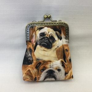 Dogs Change Purse/Grey and Brown Coin Pouch/Mini Cosmetics Bag/Fabric Key Pouch/Purse organizer/ Metal Purse Frame With Flower Clasp