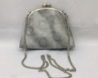 Grey & Silver Evening Bag/Dressy Crossbody or Shoulder Handbag/Elegant Fabric Purse/Purse Frame with Chain Strap