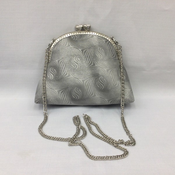 Grey & Silver Evening Bag/Dressy Crossbody or Shoulder Handbag/Elegant Fabric Purse/Purse Frame with Chain Strap