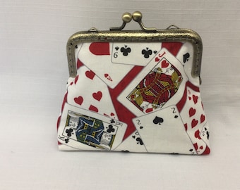 Playing Cards Change Purse/Poker Coin Pouch/Mini Cosmetics Bag/Purse Organizer/White, Black, Red and Gold Makeup Pouch