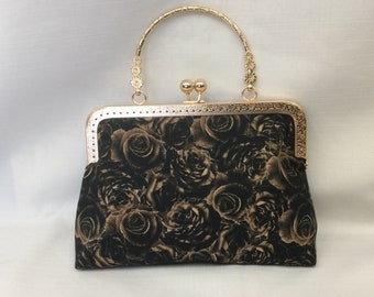 Roses Evening Bag/Dressy Taupe and Black Handbag/Fabric Purse/Light Golden Decorative Handled Frame