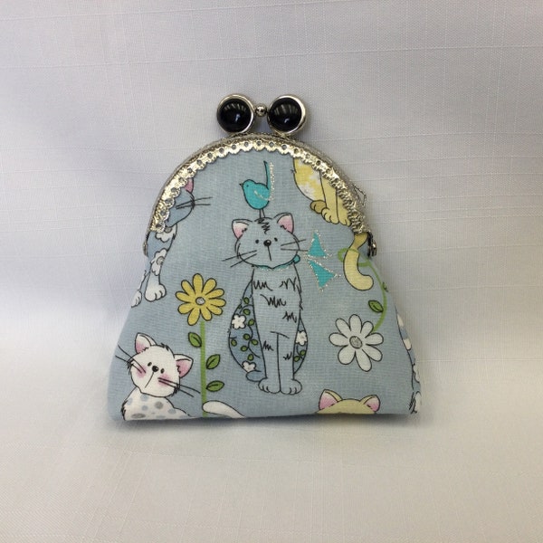 Cat's Pajamas Change Purse 2/Kitty Coin pouch/Mini Cosmetics Bag/Blue Makeup Pouch/Purse Organizer/Purse Frame with Decorative Clasp