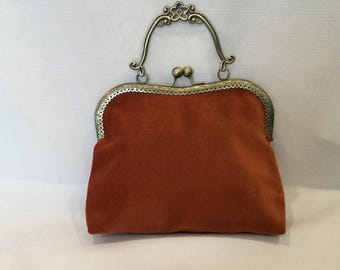 Velvet Evening Bag:  Burnt Orange Fabric Purse with Antique Gold Frame
