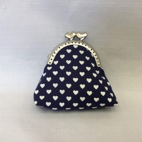 HEARTS Change Purse/Navy Blue & White Coin Pouch/Key Pouch/Purse organizer/Purse Frame with Heart Closure