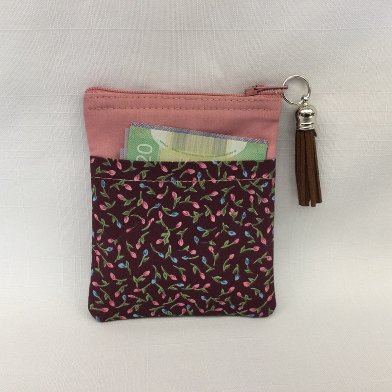 Pink /& Brown Floral Change PurseCredit Card HolderSmall WalletCoin PouchCash and Credit Card ToteFabric Wallet Mini Purse